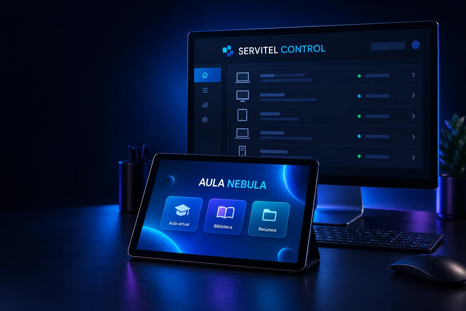 Vista conceptual de una tablet AULA NEBULA y una consola SERVITEL CONTROL